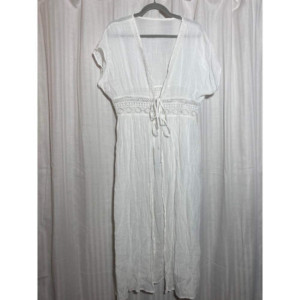 Coastal Boho Cottagecore White Gauzy Crochet Lace Swim Cover Up Maxi‎ Sheer OS